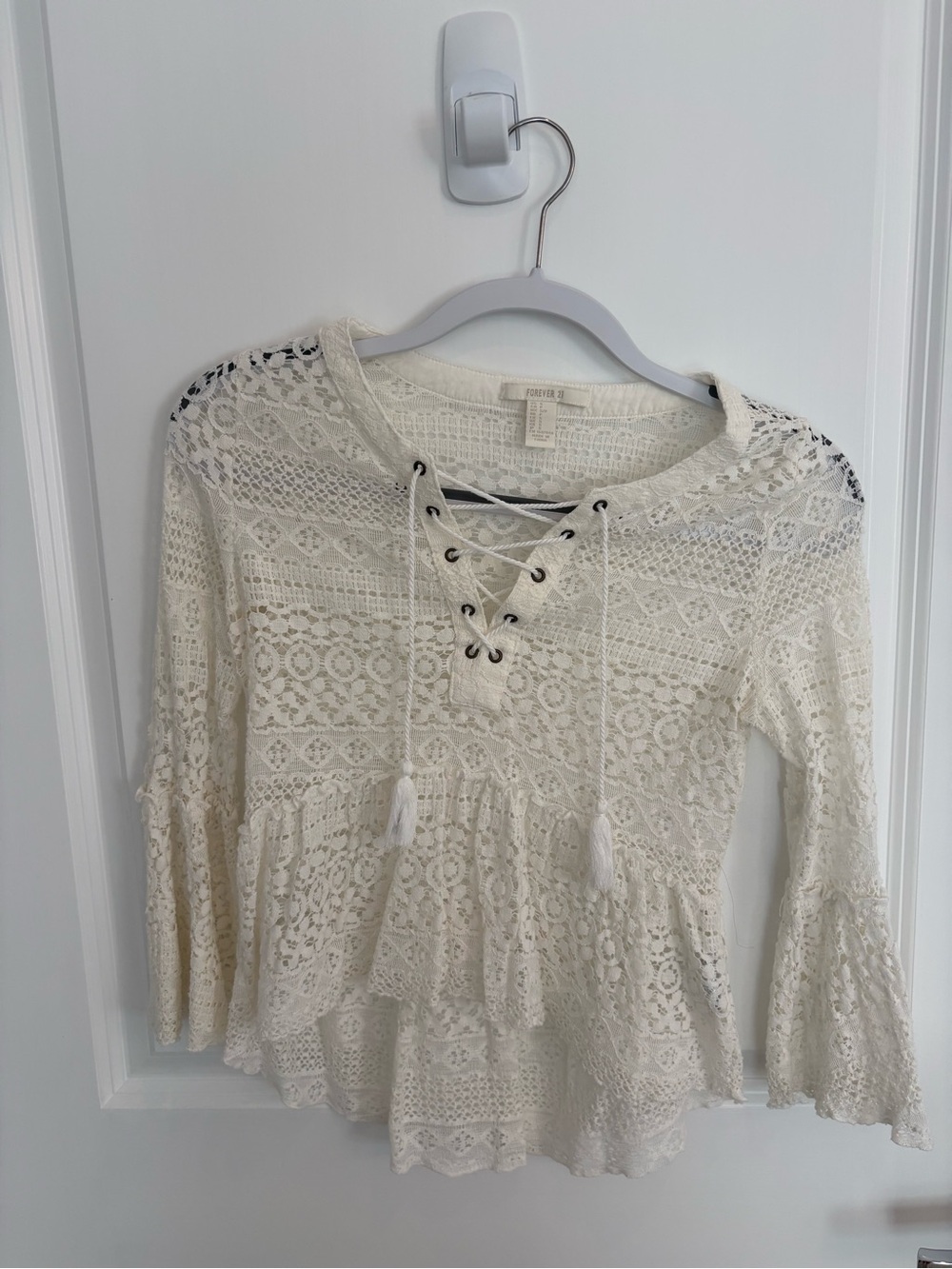 Forever 21 Cream Lace Peasant Blouse with Tassel Ties